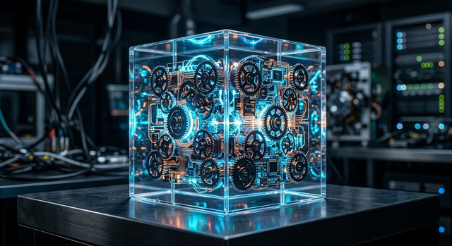 Cubo luminoso trasparente che mostra ingranaggi e circuiti a simboleggiare la mente di un AI