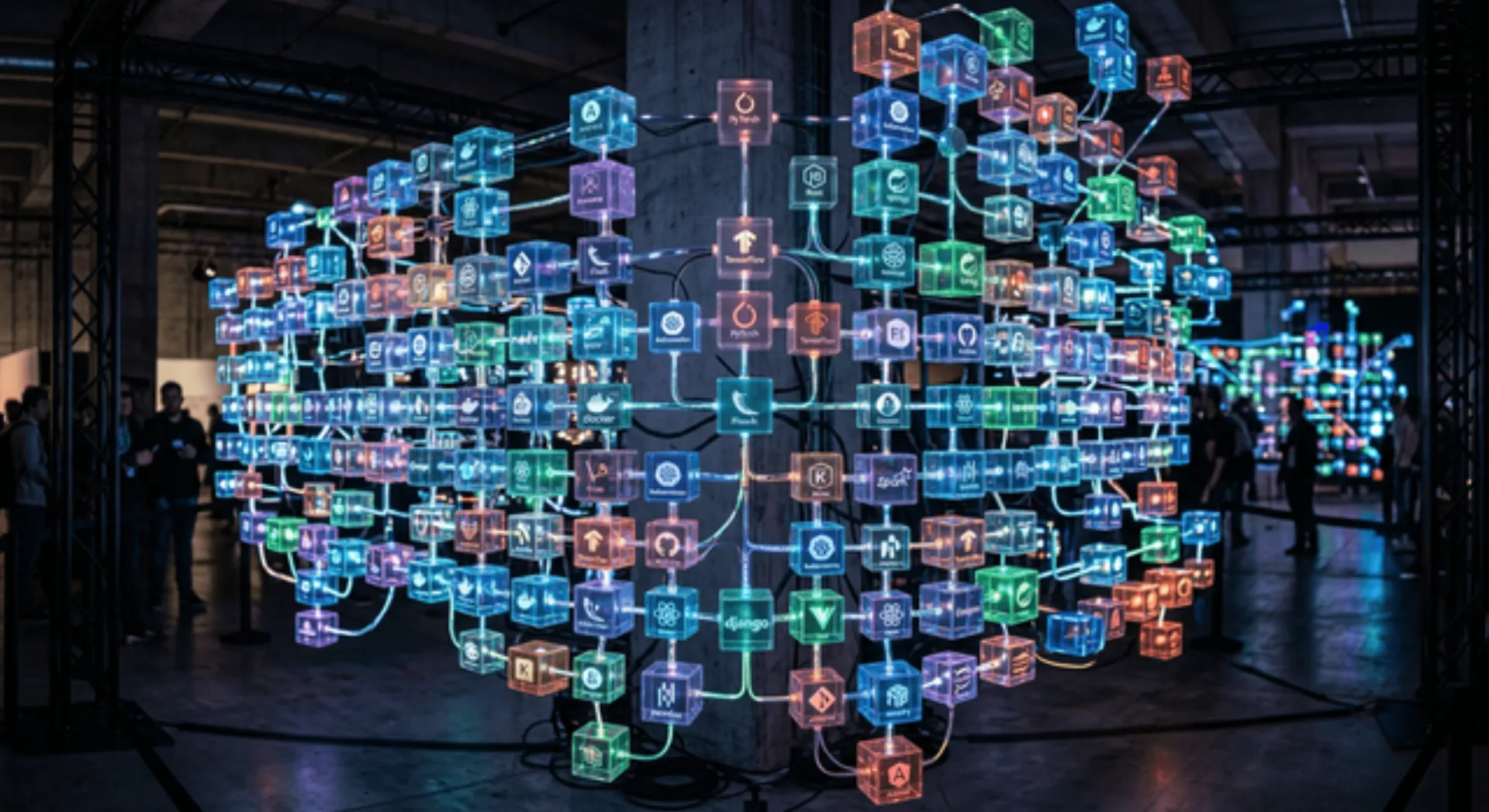 Insieme di blocchi luminosi che rappresentano framework open-source interconnessi
