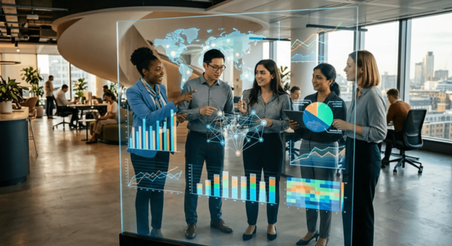 Professionisti in un ufficio moderno che interagiscono con visualizzazioni di dati su uno schermo trasparente