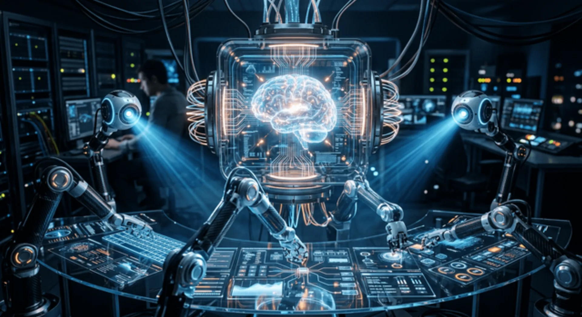 Visualizing the core components of intelligent automation: the AI brain, digital senses, and robotic arms.