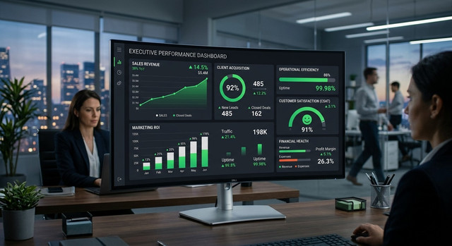 Showcasing the measurable impact of AI automation through a dashboard of key performance indicators (KPIs).