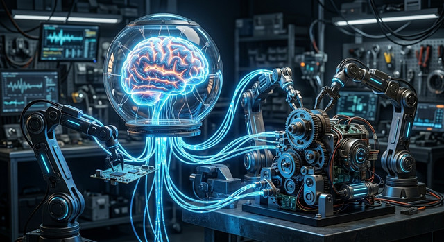 Una rappresentazione fotorealistica di un cervello luminoso collegato a bracci robotici che assemblano una macchina complessa, a simboleggiare l'integrazione tra intelligenza artificiale e automazione.