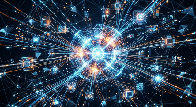 Un'immagine astratta di un nodo centrale luminoso che funge da orchestratore, collegando vari componenti tecnologici in una rete per rappresentare l'architettura di automazione.
