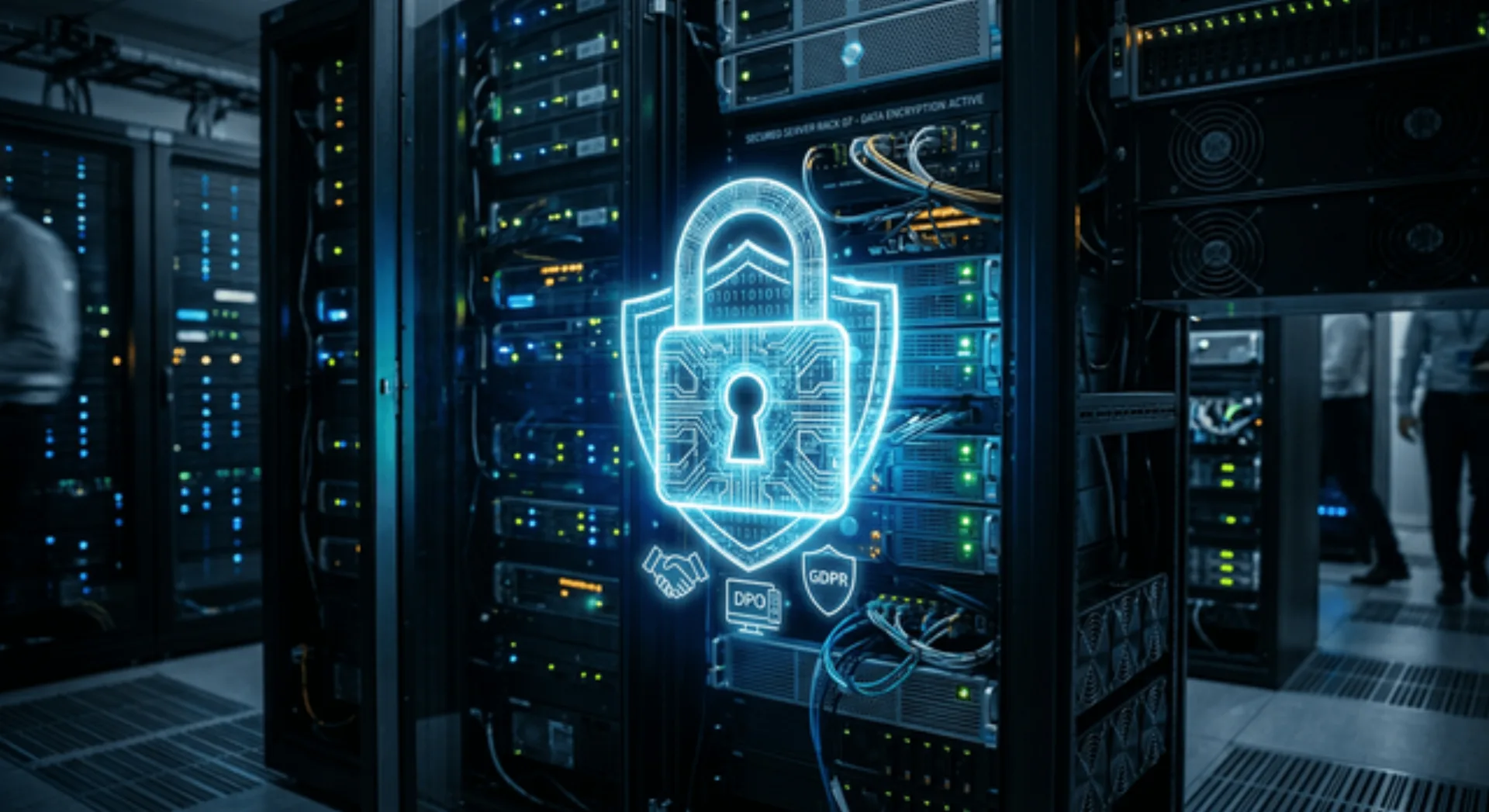 A futuristic padlock icon made of digital light protecting a server rack symbolizing data security and GDPR compliance