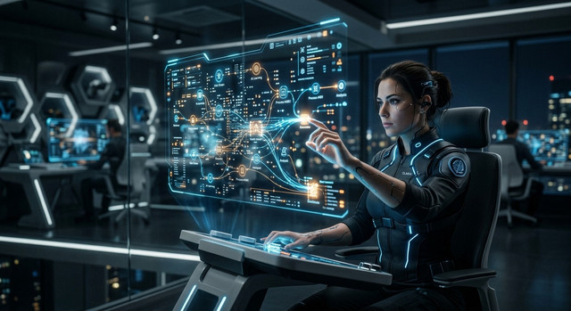 Agente autonomo futuristico che gestisce un workflow complesso di task digitali.