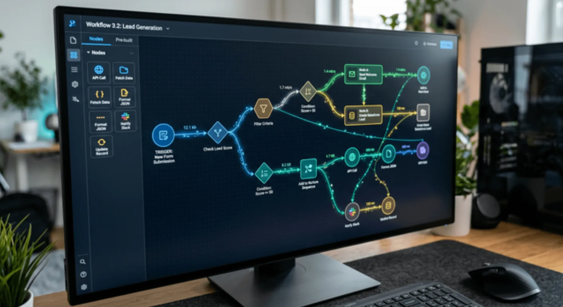 A visual representation of an automation workflow canvas with nodes and data flows