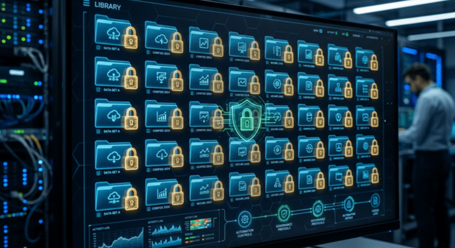 A digital library with secure folders representing data governance in automation