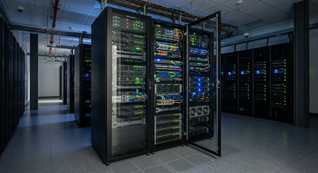 Modern server rack in a secure data center.