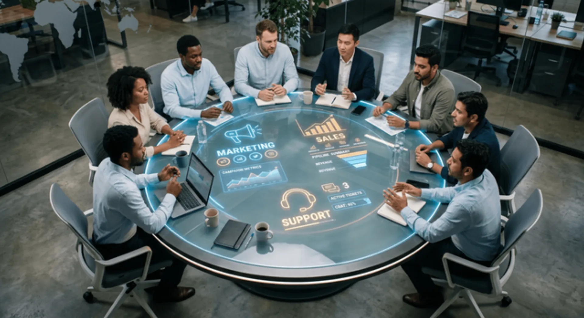 Team collaborating around a futuristic table with holographic icons.