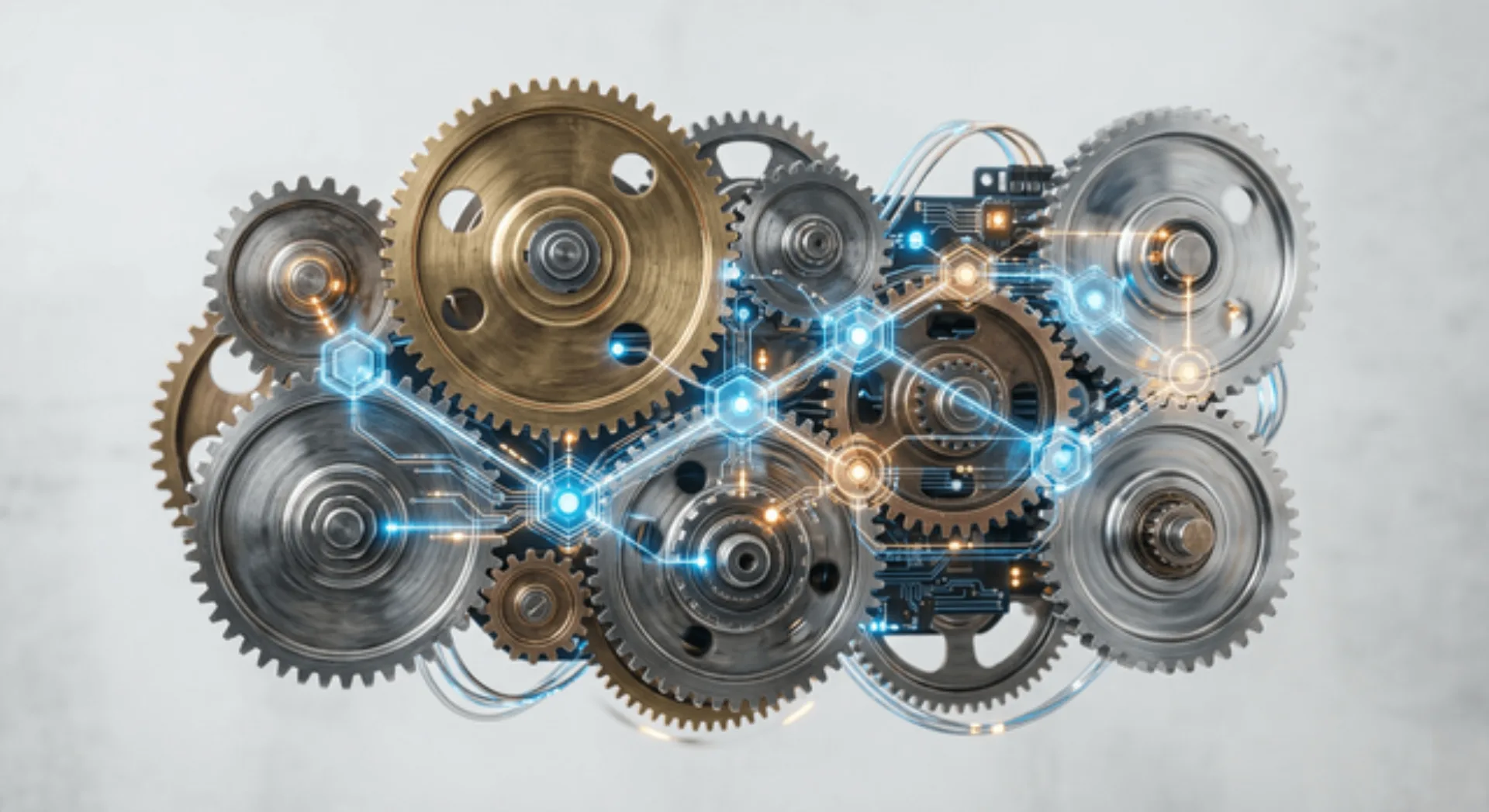 An abstract image representing workflow automation. Interconnected gears and digital nodes are on a clean background, symbolizing a smooth, automated process.