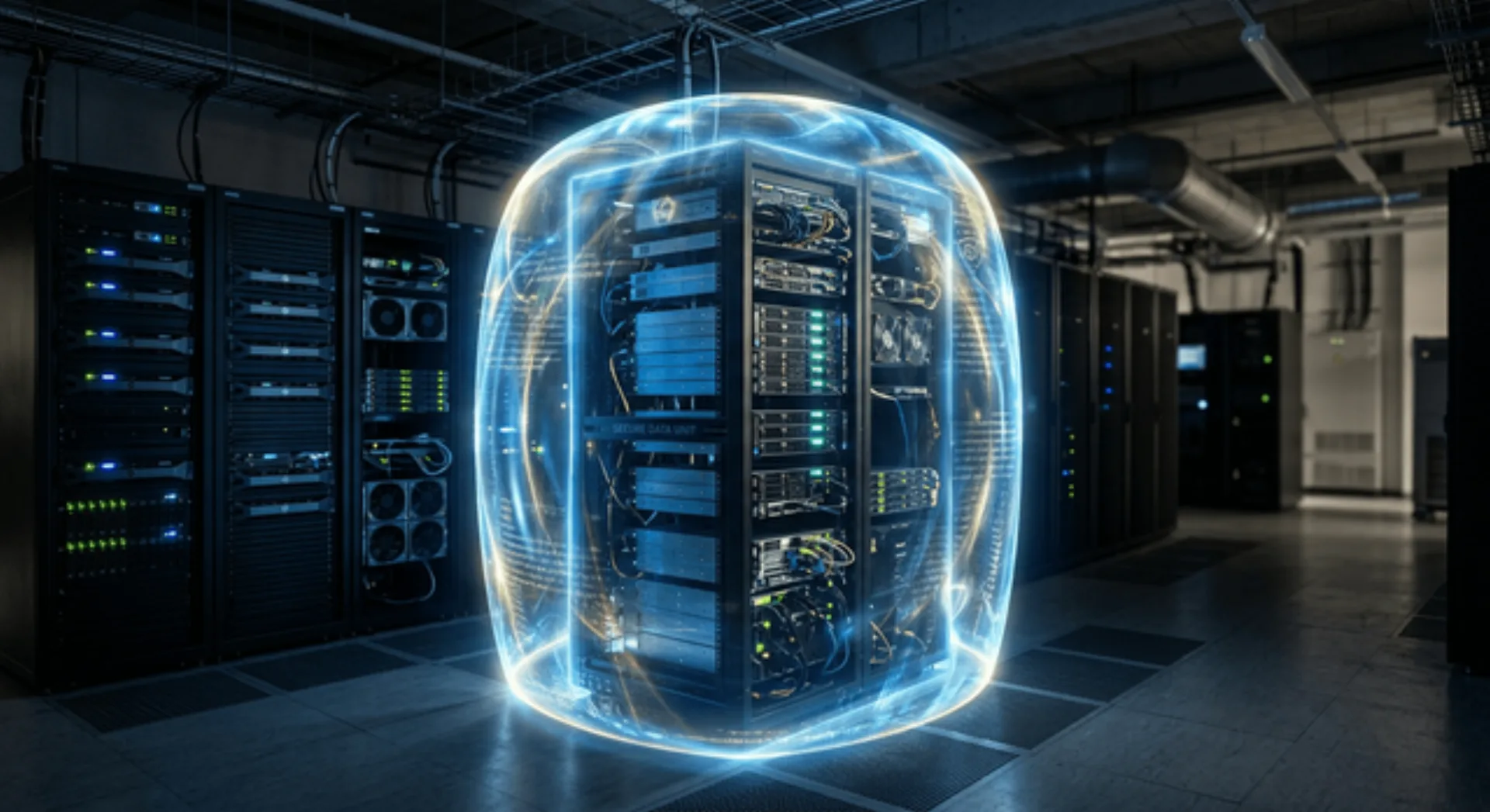 A secure server rack symbolizing data sovereignty with n8n self-hosting.
