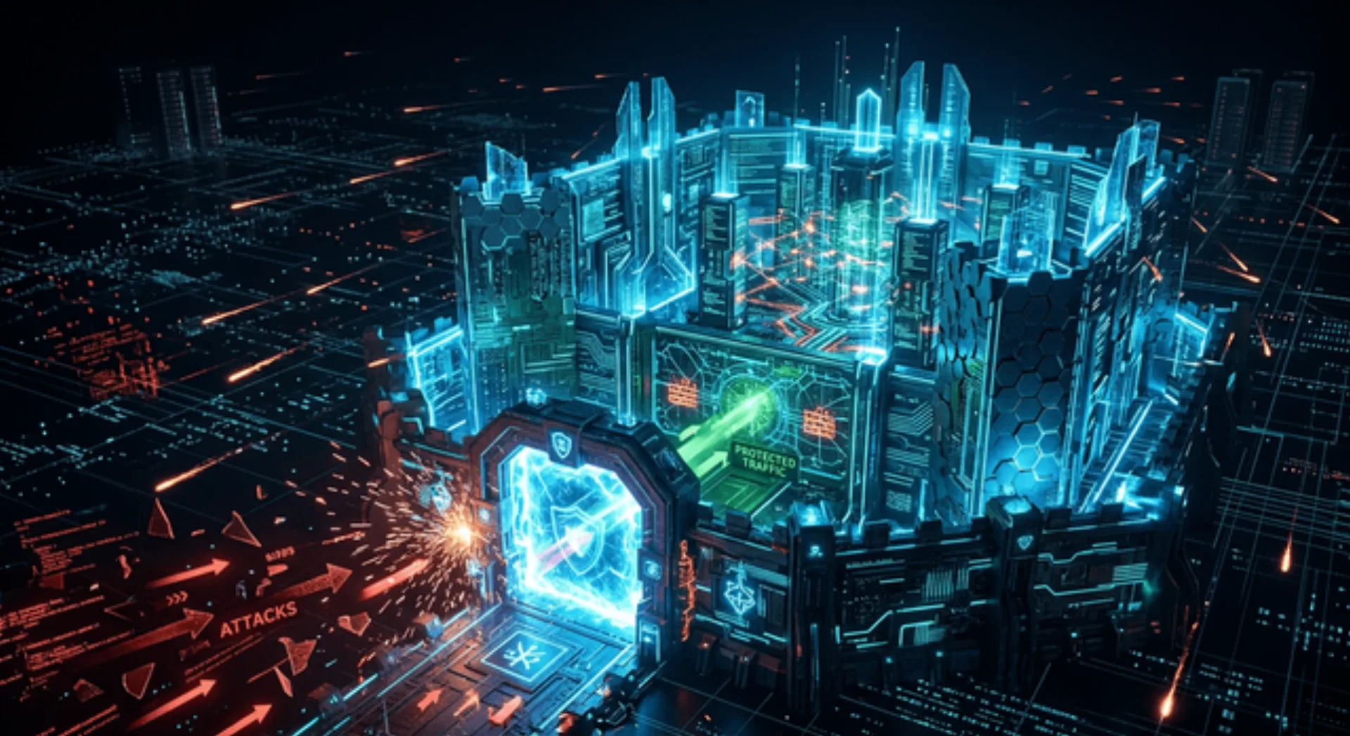 A digital fortress representing a secure reverse proxy for n8n.