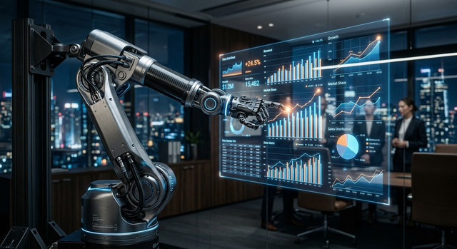 A sleek futuristic robot arm interacting with a holographic interface displaying business charts and data