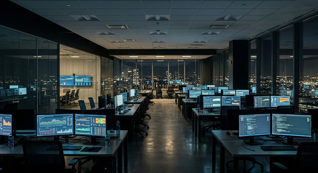An empty modern office at night with computer screens glowing showing automated data processing on dashboards