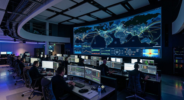 A state-of-the-art command center with a large screen displaying global network activity and performance metrics
