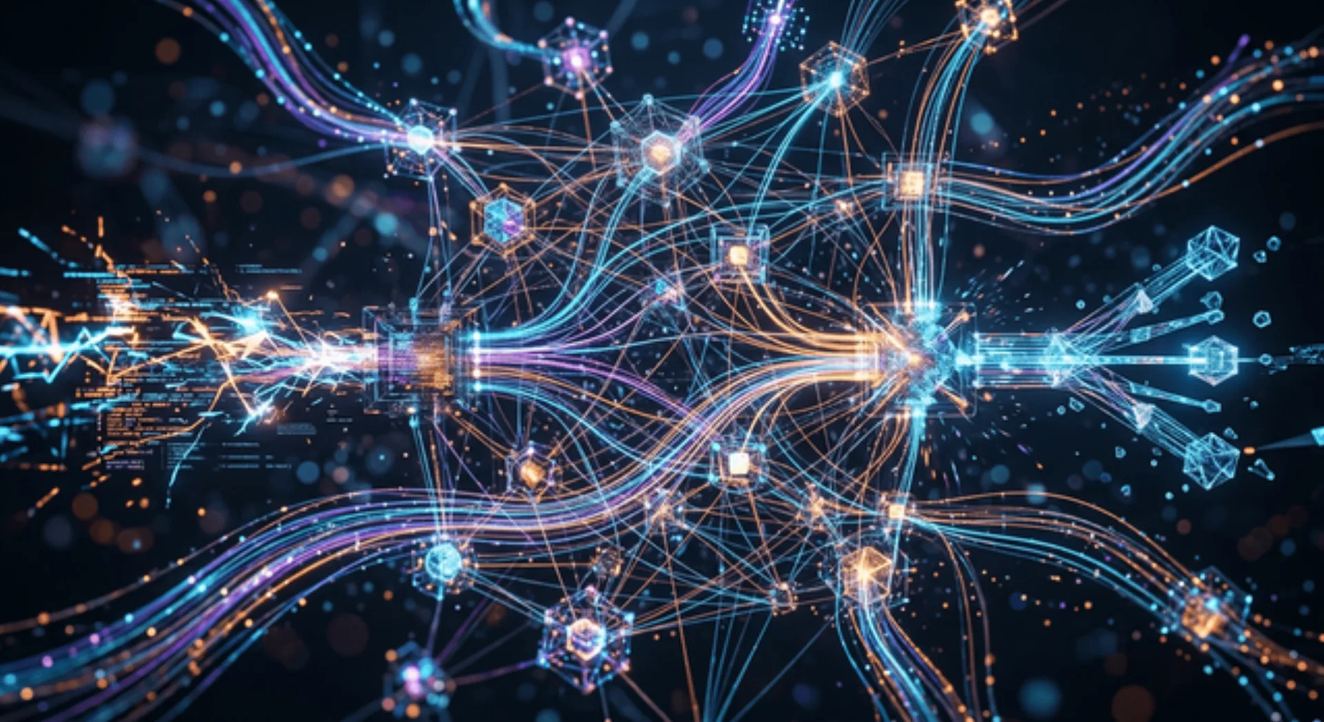 Una visualizzazione astratta dei flussi di dati in fase di elaborazione e trasformazione attraverso una complessa rete di nodi e connessioni che rappresentano l'automazione avanzata del flusso di lavoro.